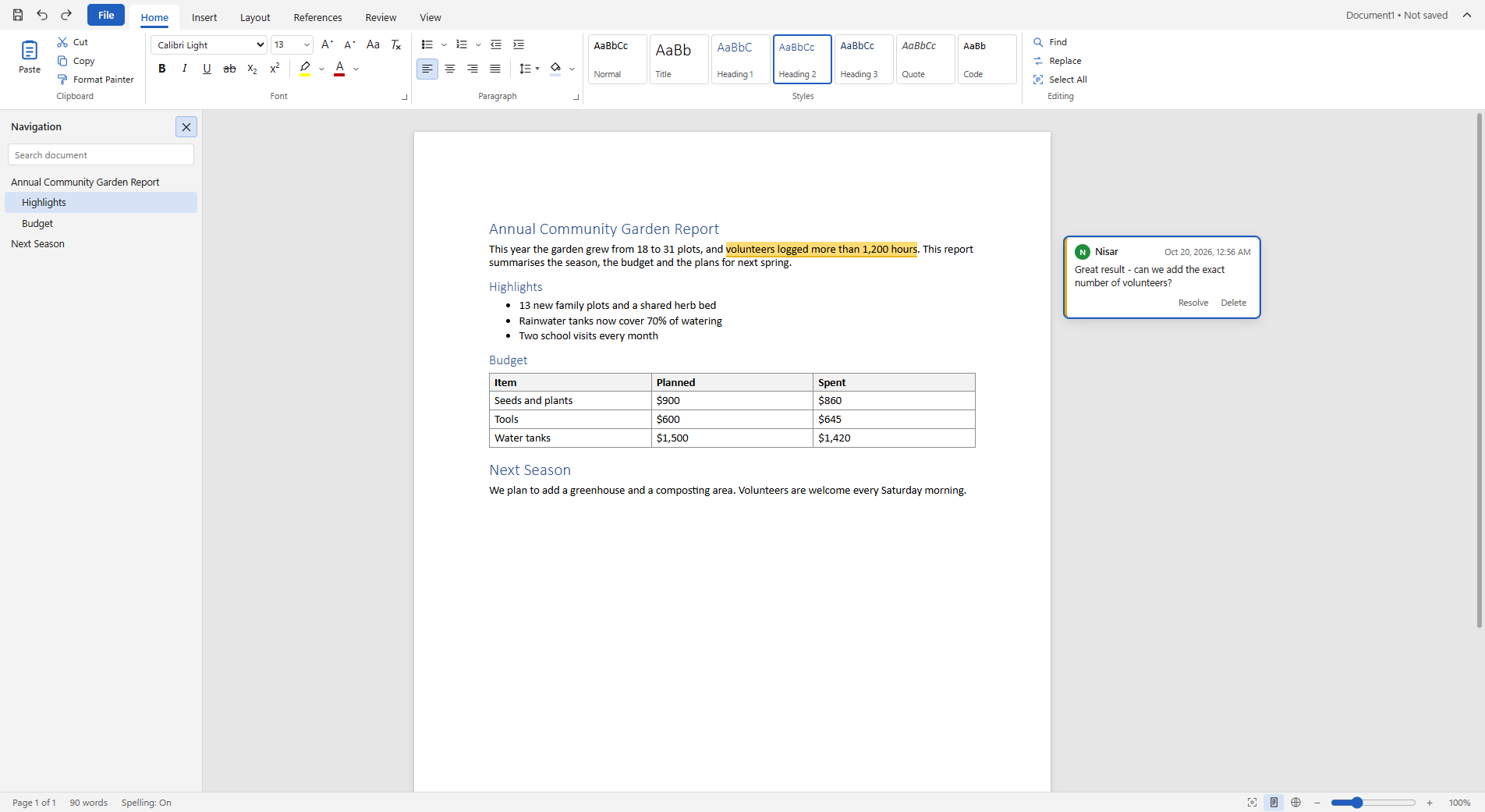 Writing a document with comments, headings and a table