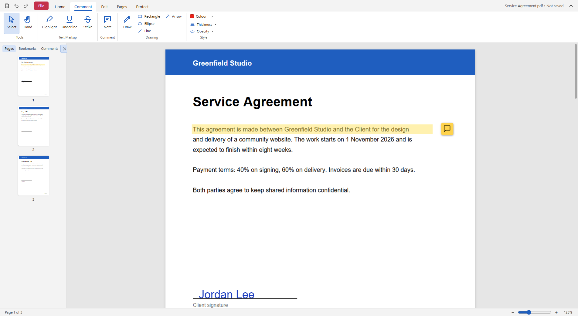 Highlighting, commenting on and signing a PDF